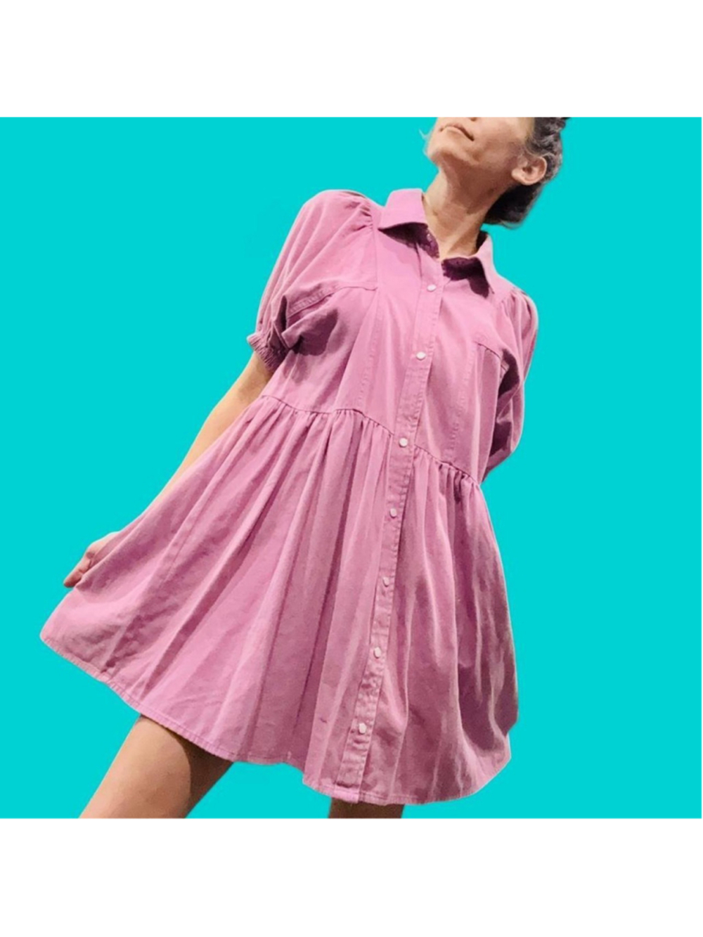 Shop The Mint Pink Purple Button Front Shirt Dress Small Puff Sleeve Cotton Baby